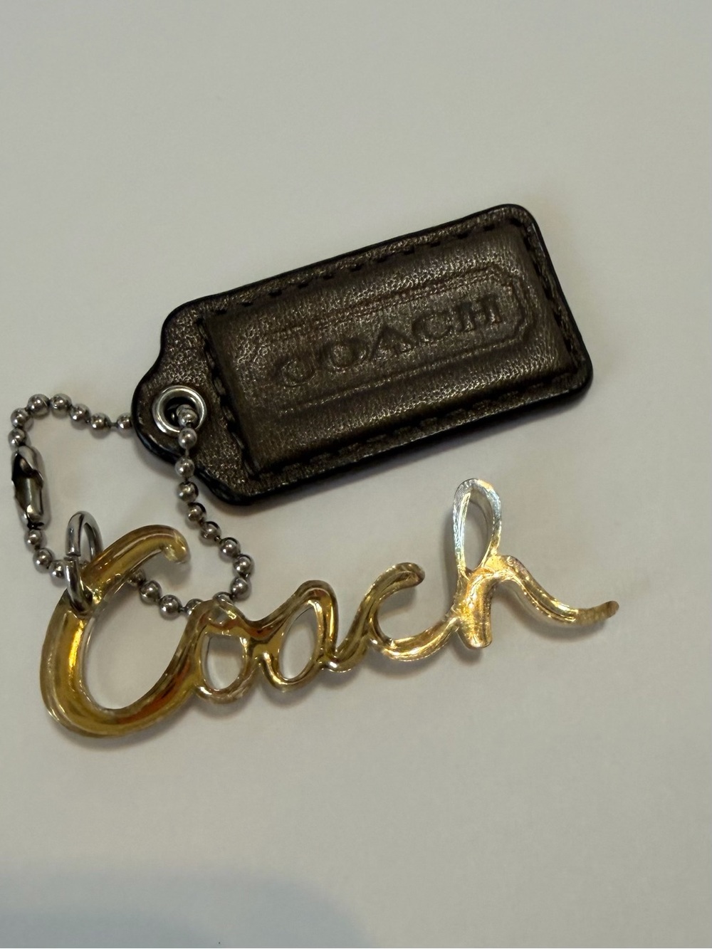 Coach Gold Script Logo Key chain hang tag & Brown Leather Tag Y2K era